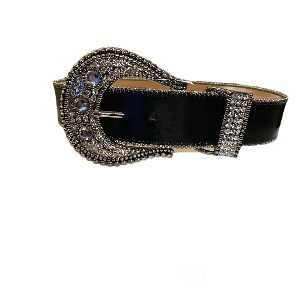 Christine Alexander Belt Women’s Small Black Leather Rhinestone Bling Buckle